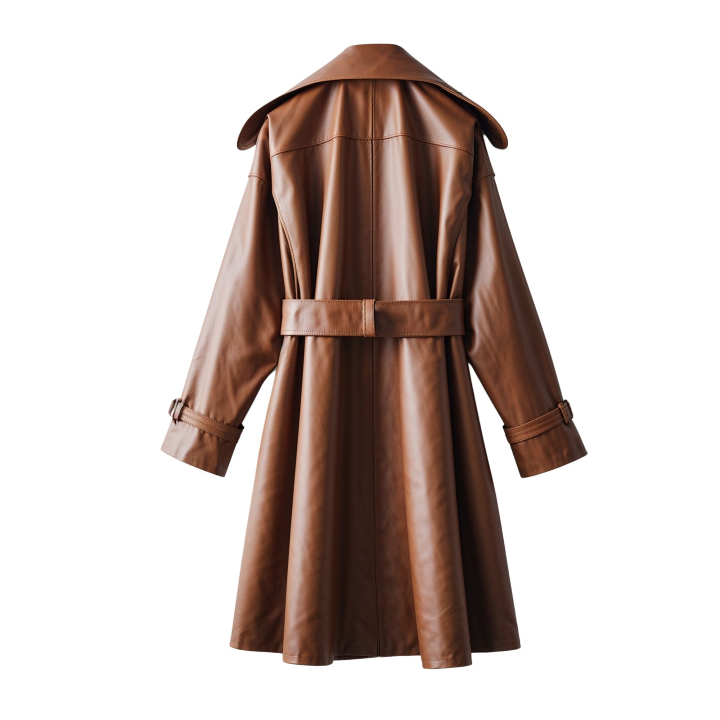 Women Cognac Brown Leather Duster Trench Coat: Wide Lapel, Belted Wrap Style Outerwear