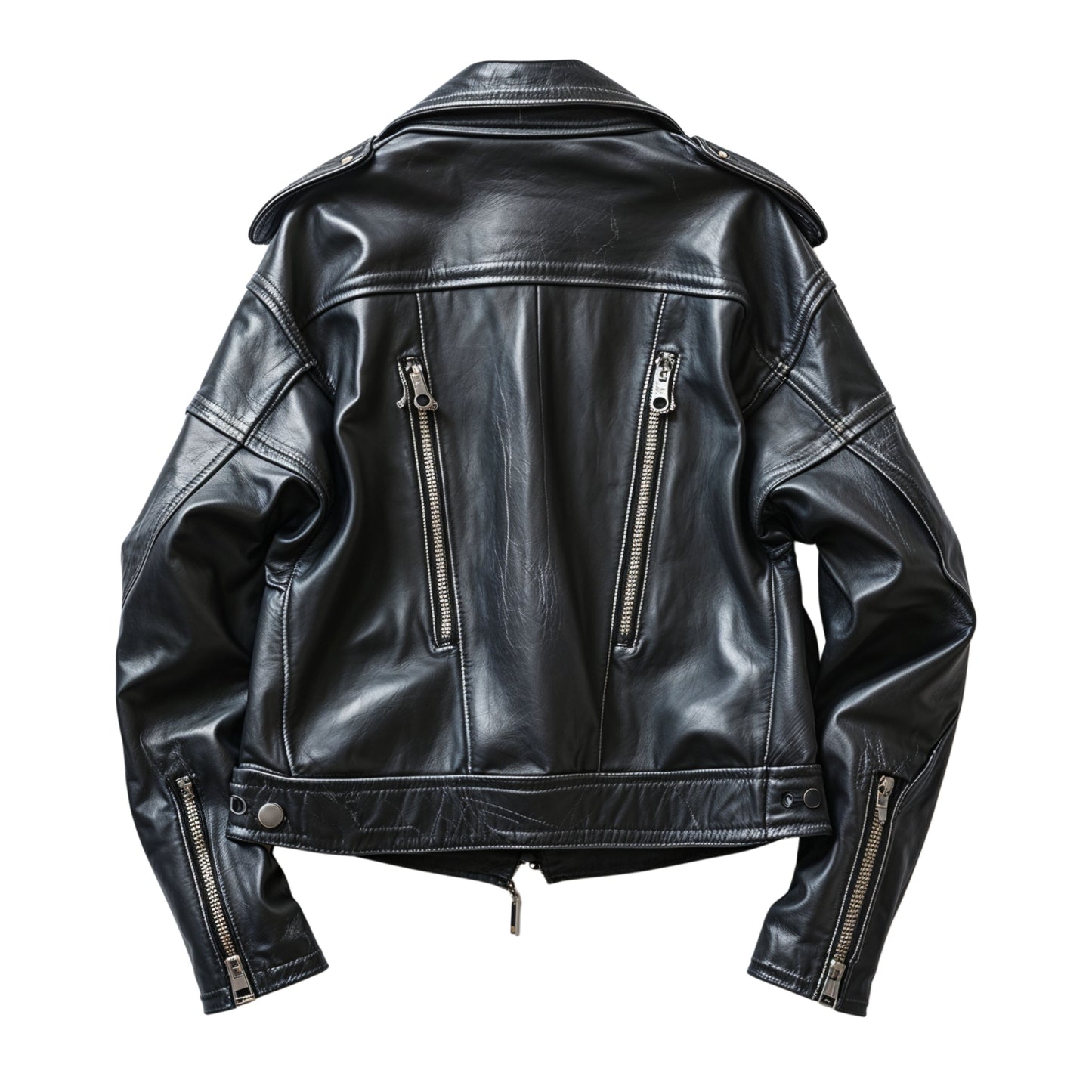 Womens Real Leather Black Oversized Moto Jacket Asymmetrical Zip Front Snap Lapel Biker Outerwear