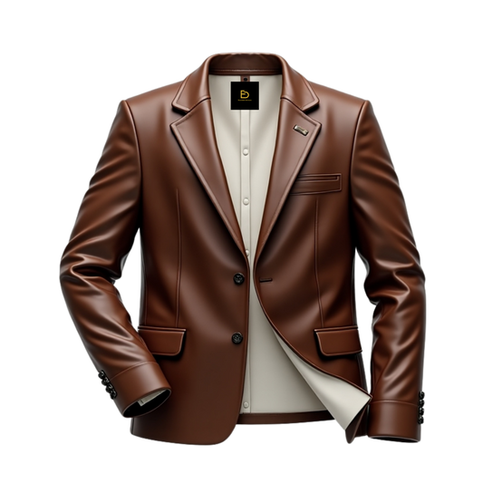 Mens Real Leather Brown Blazer Classic Two Button Tailored Fit Formal Jacket Premium Modern Elegant Style