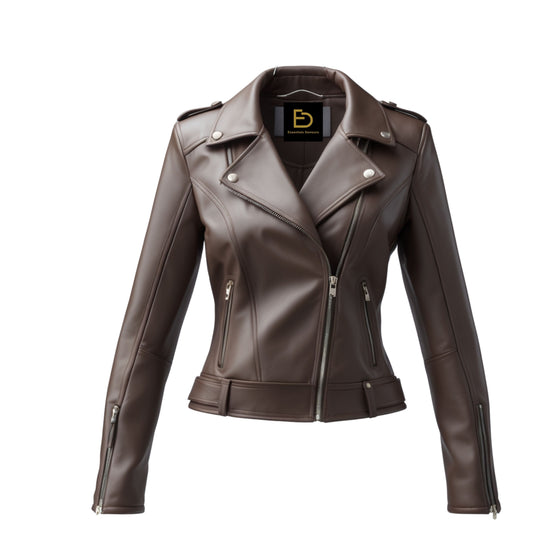 Women's Genuine Leather Moto Biker Jacket – Dark Mauve Brown Slim Fit Coat