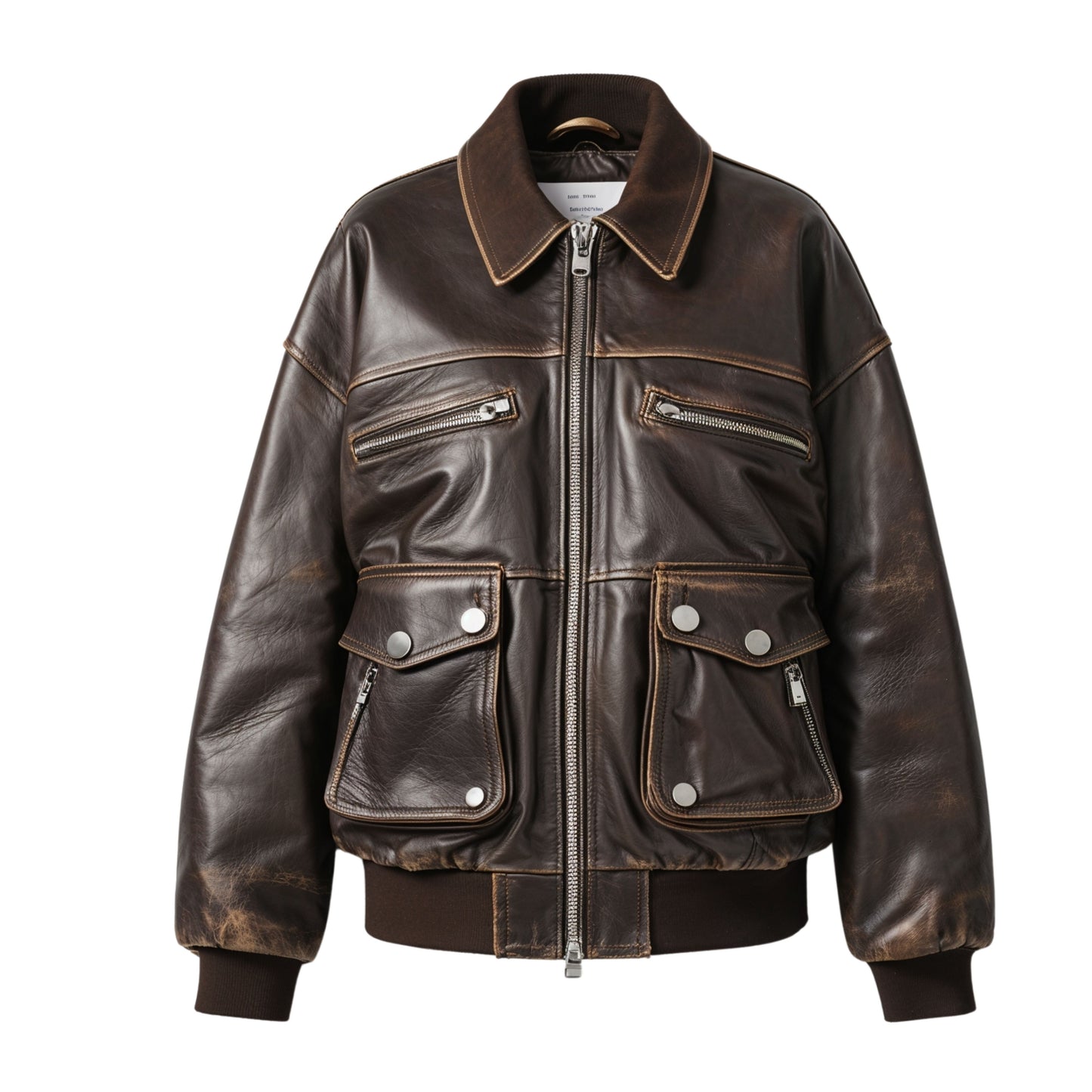 Womens Real Leather Distressed Brown Bomber Jacket Oversized Aviator Coat Ribbed Trim Utility Pockets