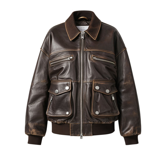 Womens Real Leather Distressed Brown Bomber Jacket Oversized Aviator Coat Ribbed Trim Utility Pockets