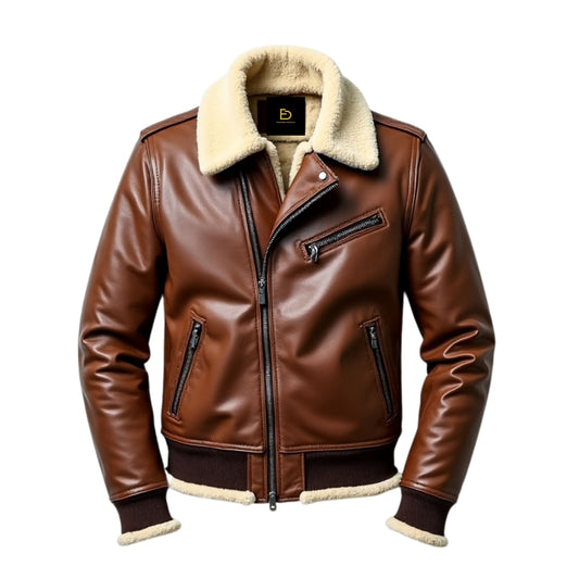 Men's Brown Leather Aviator Jacket with Shearling Collar – Classic Winter Style