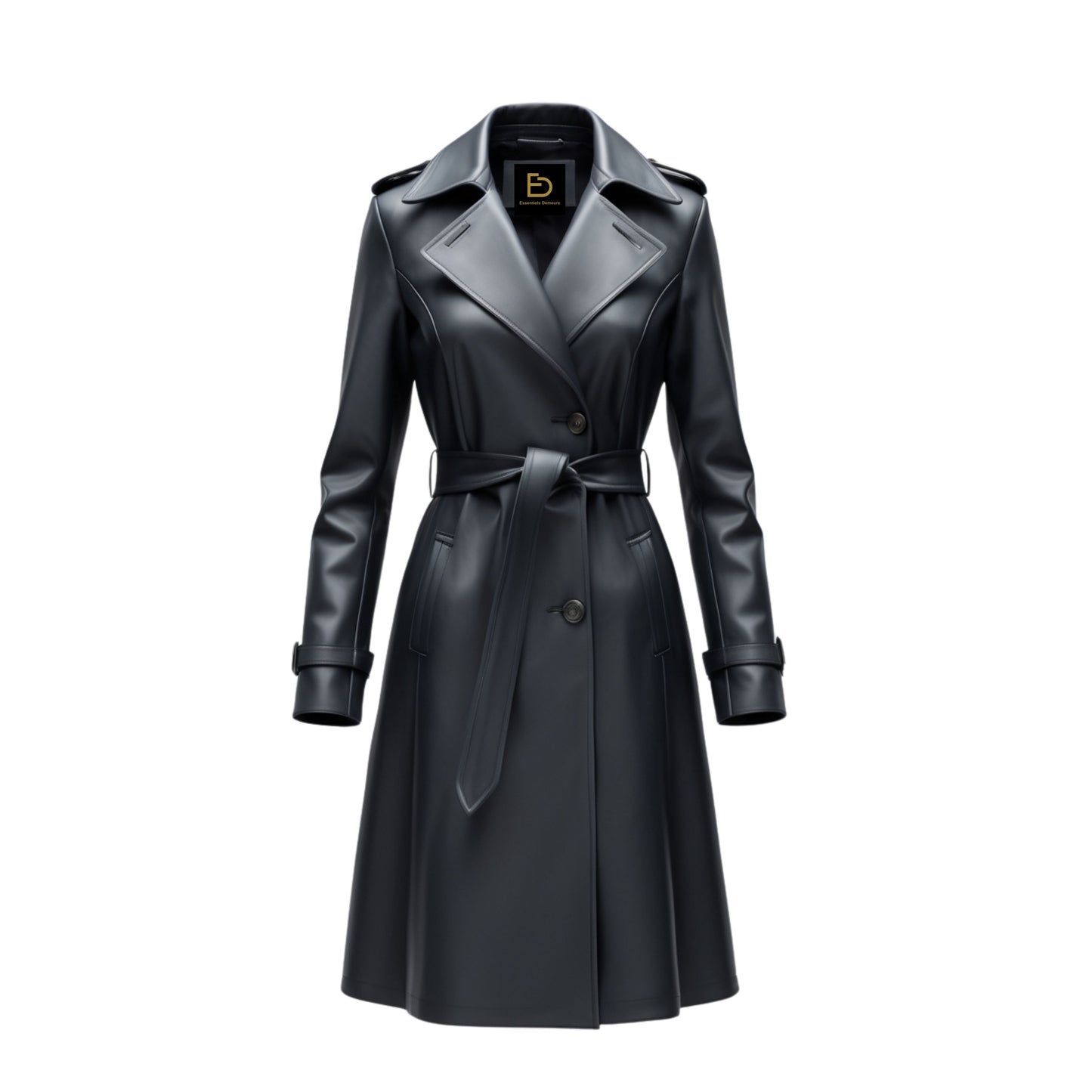 Black Real Leather Trench Coat: Belted Lapel Longline Office Outerwear