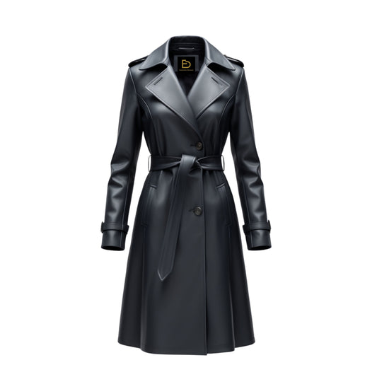 Black Real Leather Trench Coat: Belted Lapel Longline Office Outerwear