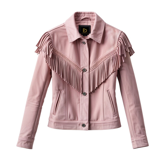 Dusty Pink Real Leather Fringe Jacket – Western Yoke Shoulder Detail Cropped Fit