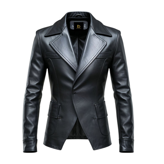 Men's Black Real Leather Blazer Jacket: Classic Tailored Fit, Wide Lapel Style