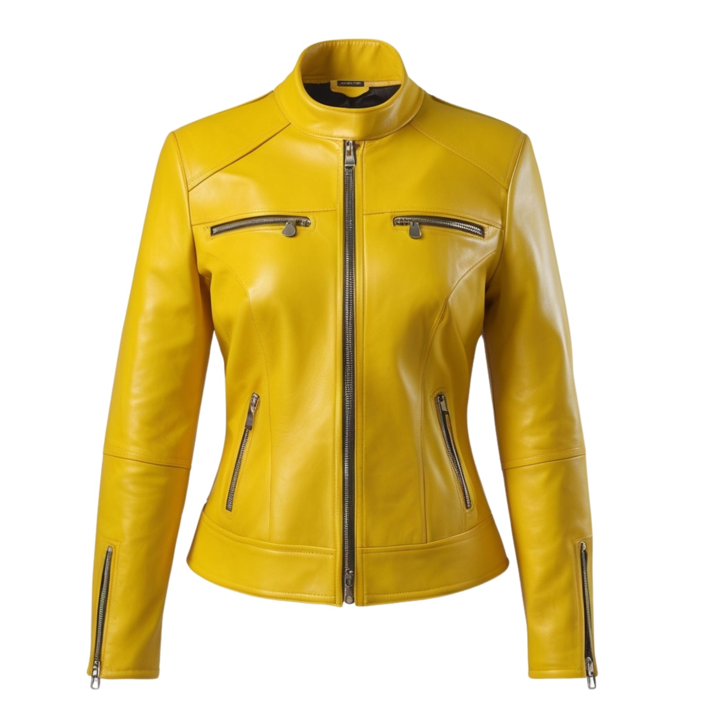 Yellow Leather Moto Jacket: Slim Fit Biker Outerwear with Stand Collar