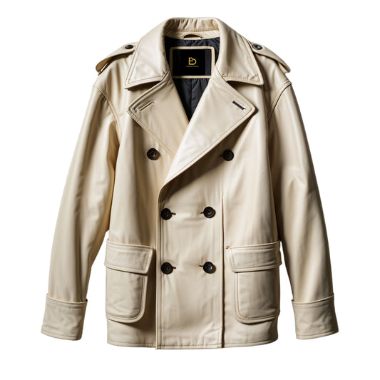 Classic Cream Double Breasted Real Leather Jacket Men Wide Lapels Ideal Timeless Sophisticated Style