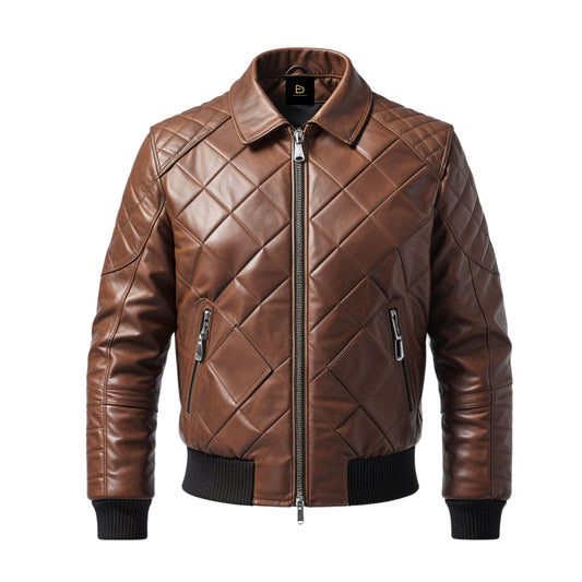 Men's Brown Quilted Real Leather Bomber Jacket – Diamond Pattern Ribbed Cuffs Hem
