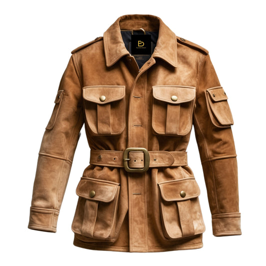 Men's Suede Safari Jacket: Belted, Multi-Pocket, Epaulet Detail – Urban Outdoor Style