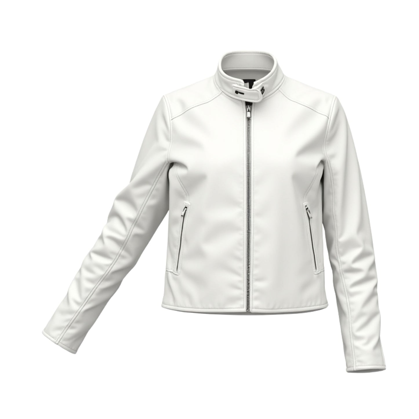 White Real Leather Slim Fit Moto Jacket: Minimalist Stand Collar Zip Front