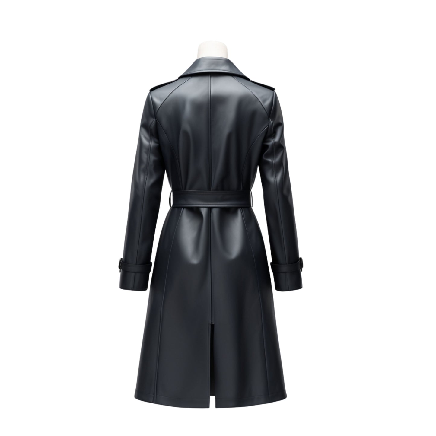 Black Real Leather Trench Coat: Belted Lapel Longline Office Outerwear