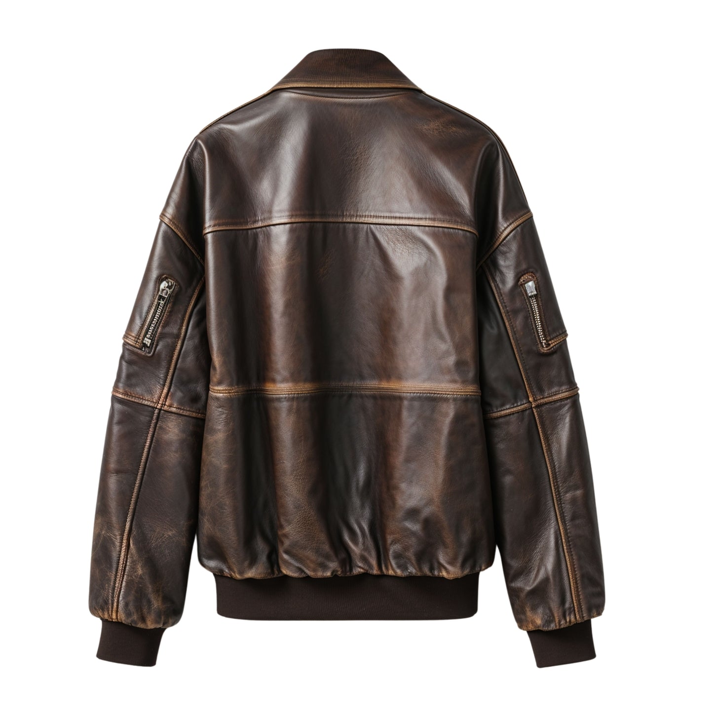 Womens Real Leather Distressed Brown Bomber Jacket Oversized Aviator Coat Ribbed Trim Utility Pockets