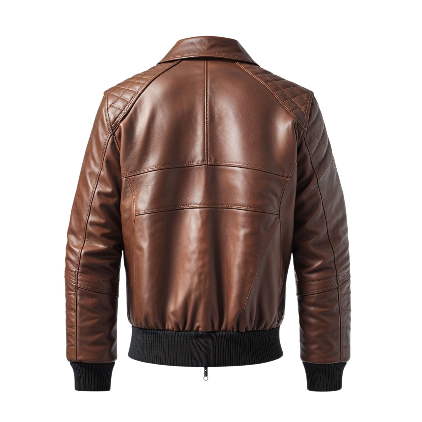 Men's Brown Quilted Real Leather Bomber Jacket – Diamond Pattern Ribbed Cuffs Hem