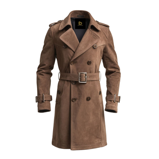 Brown Suede Double Breasted Trench Coat with Belted Waist – Timeless Autumn Style