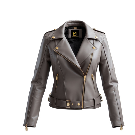Grey Genuine Leather Moto Jacket with Gold Hardware – Asymmetric Zip Biker Coat