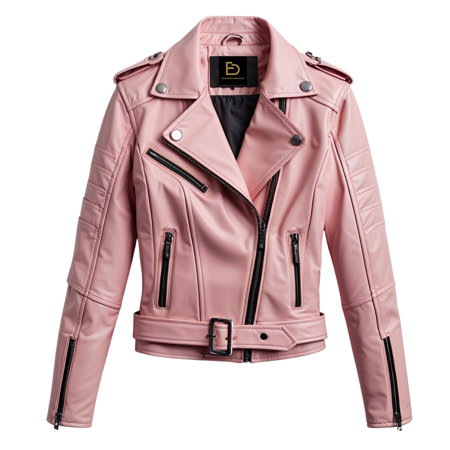 Blush Pink Leather Cropped Biker Jacket with Belted Waist and Quilted Details
