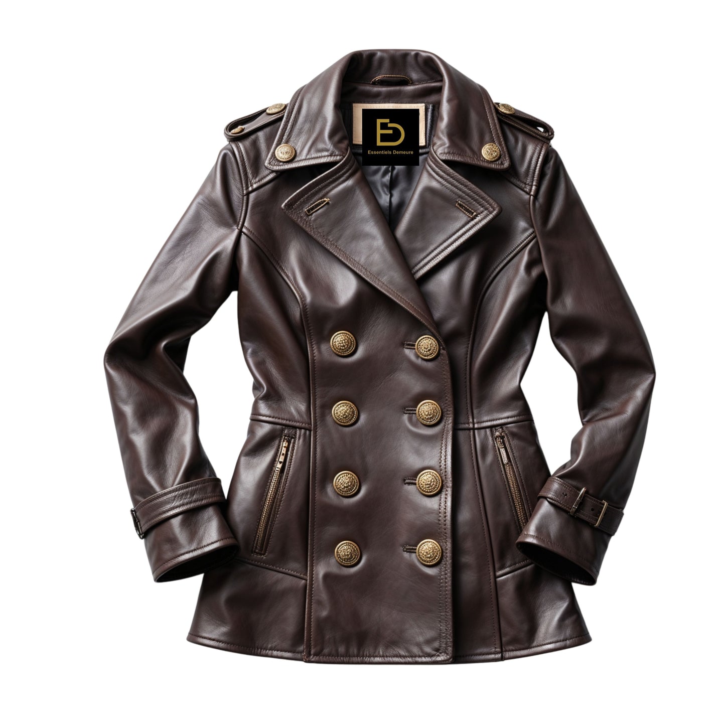 Women's Dark Brown Leather Double Breasted Military Peacoat Jacket Gold Buttons