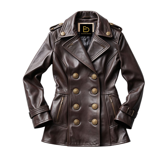 Women's Dark Brown Leather Double Breasted Military Peacoat Jacket Gold Buttons