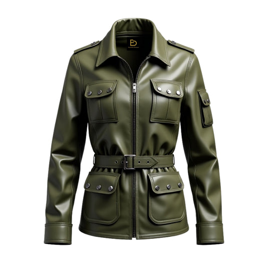 Olive Green Real Leather Utility Jacket: Military Style, Belted Waist, Cargo Pockets