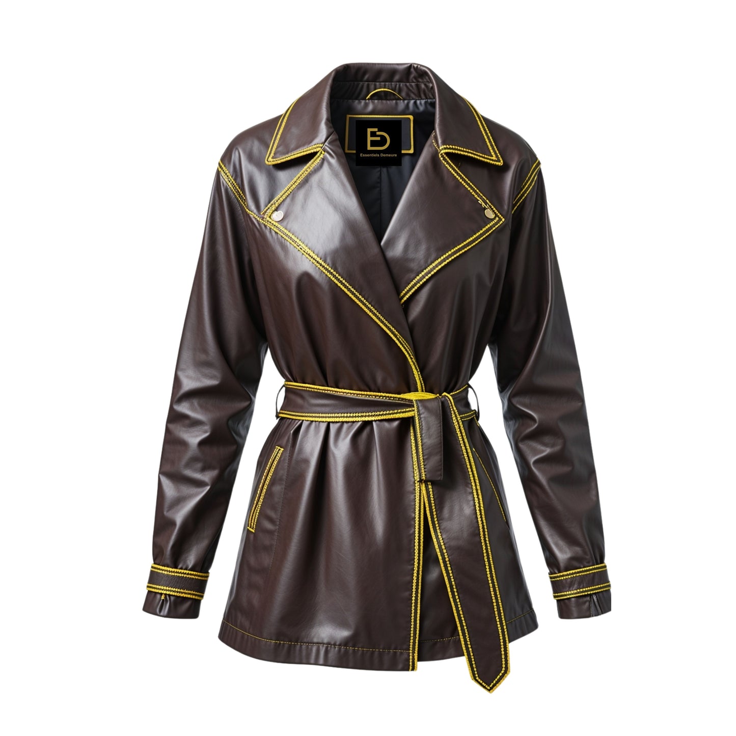 Dark Brown Leather Wrap Trench Jacket with Yellow Stitch Detail, Belted Coat