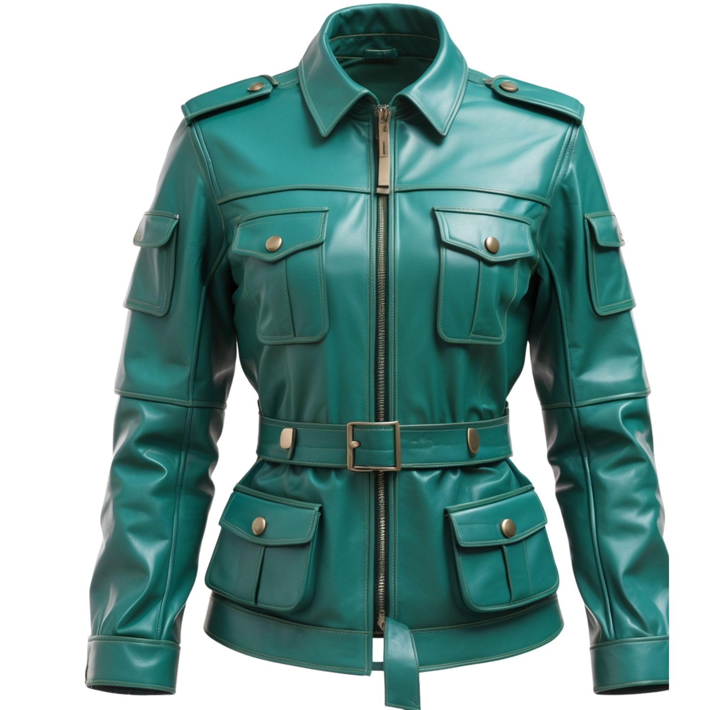 Teal Leather Utility Jacket with Belted Waist and Cargo Pockets