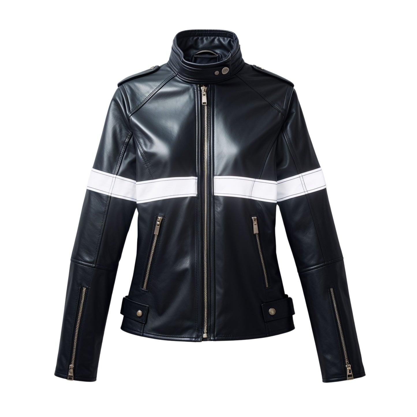 Womens Black Leather Racer Jacket with White Stripe Moto Style Coat