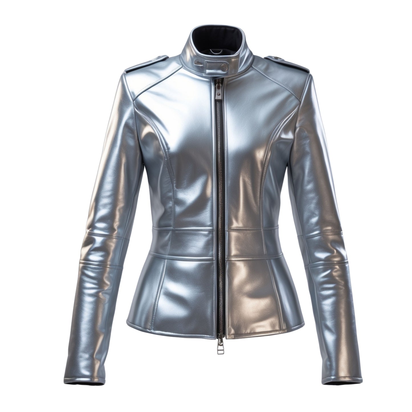 Womens Silver Metallic Leather Moto Jacket – Stand Collar Zip Front Coat