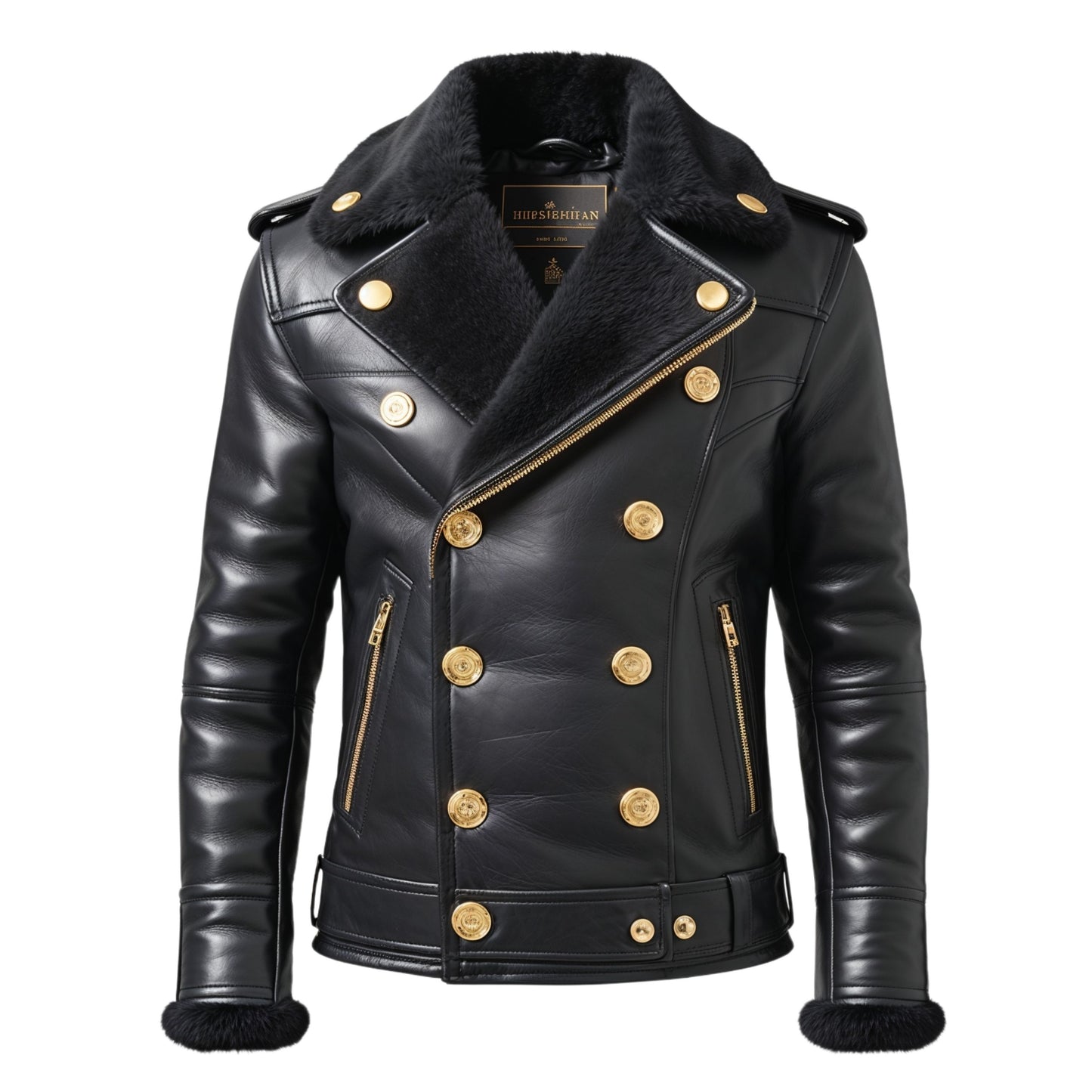 Men's Black Double Breasted Leather Jacket with Gold Buttons, Shearling Collar Biker Style