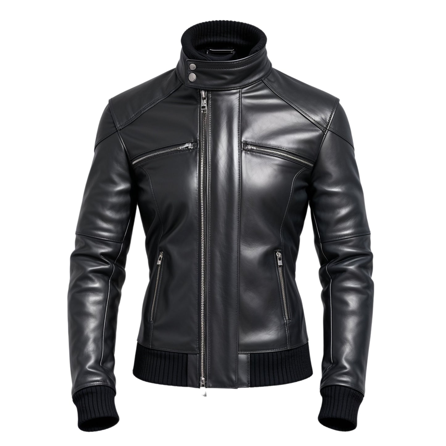 Men's Black Real Leather Bomber Jacket Stand Collar Ribbed Cuffs Modern Slim Fit