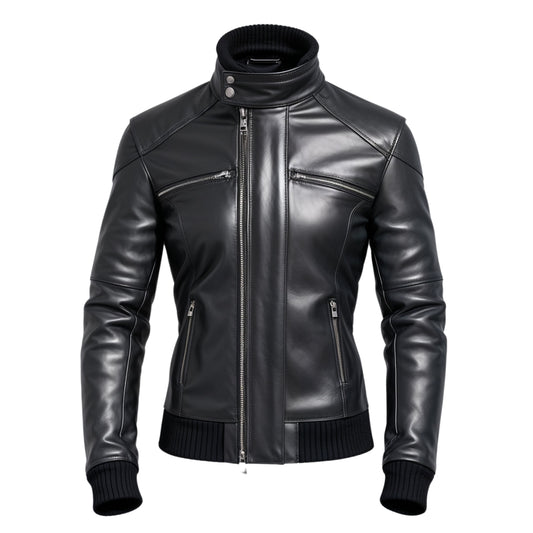 Men's Black Real Leather Bomber Jacket Stand Collar Ribbed Cuffs Modern Slim Fit