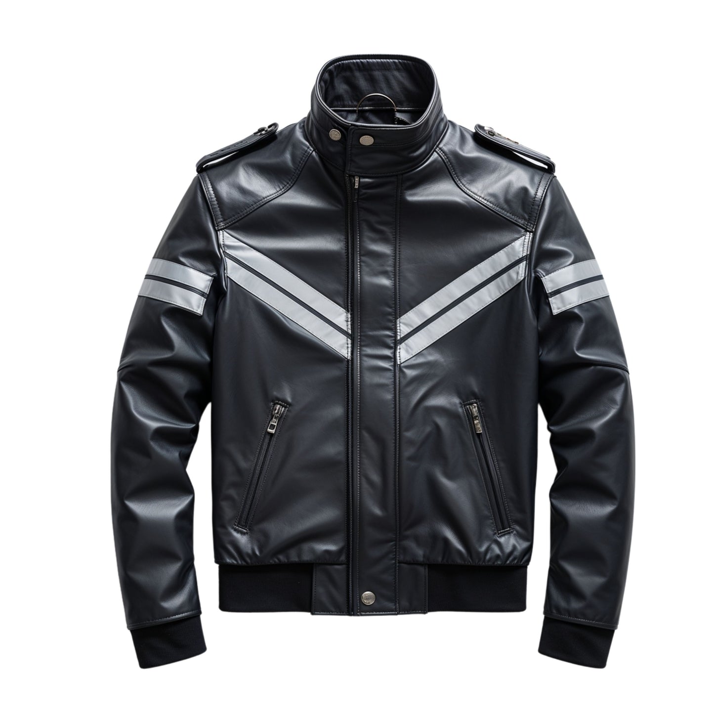 Men's Real Leather Bomber Jacket with Reflective Stripes, Urban Motorcycle Style