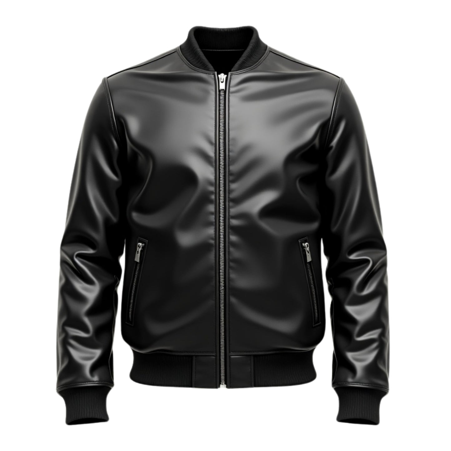 Men's Black Real Leather Bomber Jacket: Minimalist Street Style Ribbed Collar Zip Pockets