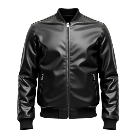 Men's Black Real Leather Bomber Jacket: Minimalist Street Style Ribbed Collar Zip Pockets