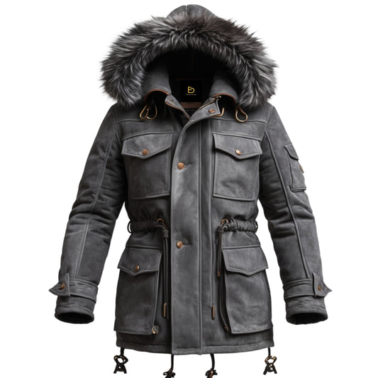 Men's Leather Parka with Faux Fur Hood, Adjustable Drawstrings, Winter Coat