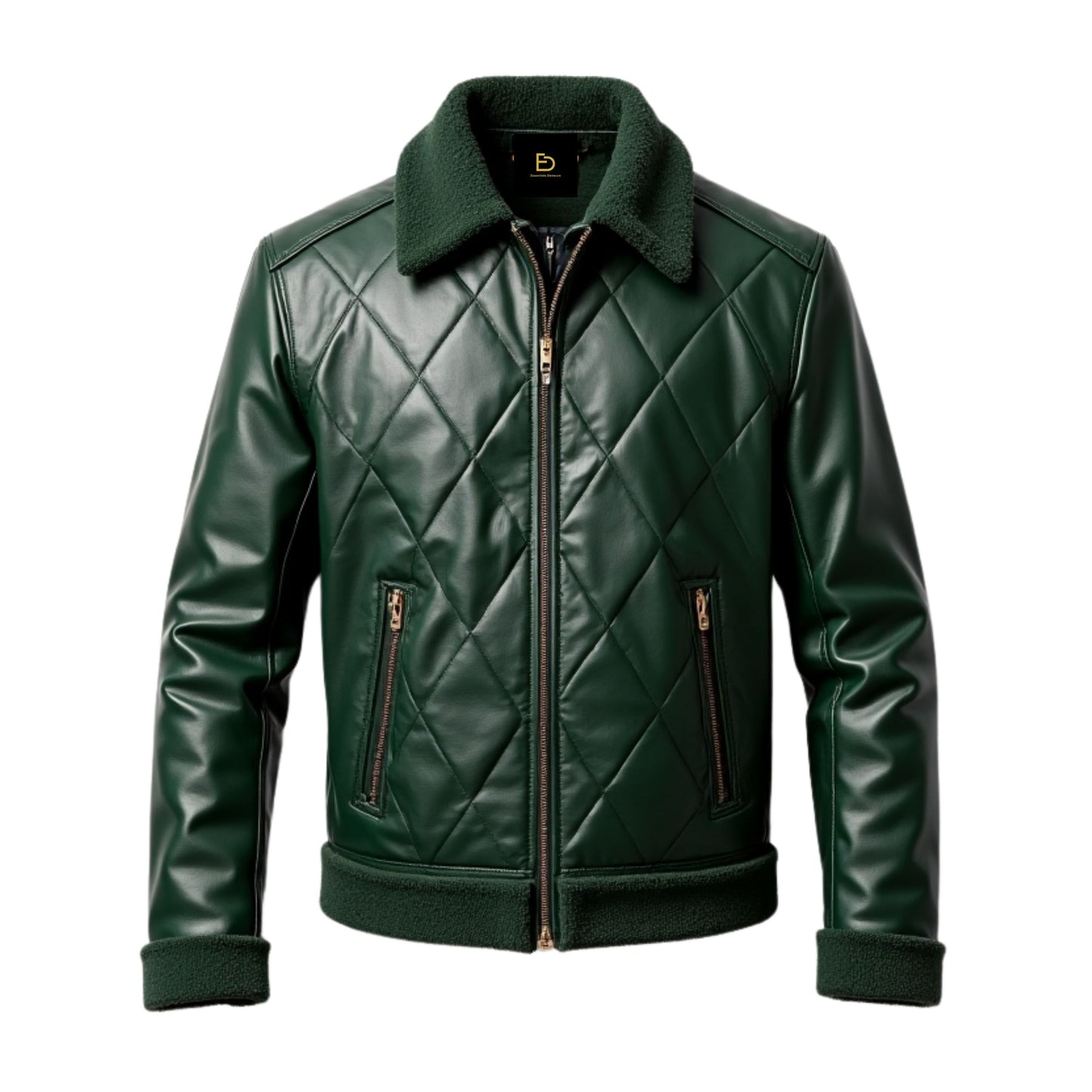 Mens Real Leather Green Quilted Bomber Jacket Shearling Collar Zippered Pockets Modern Winter Outerwear