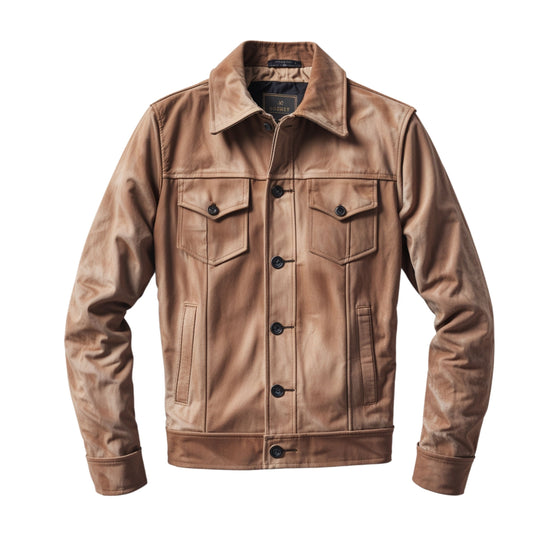 Tan Suede Leather Trucker Jacket: Western Style Button Front, Flap Pockets