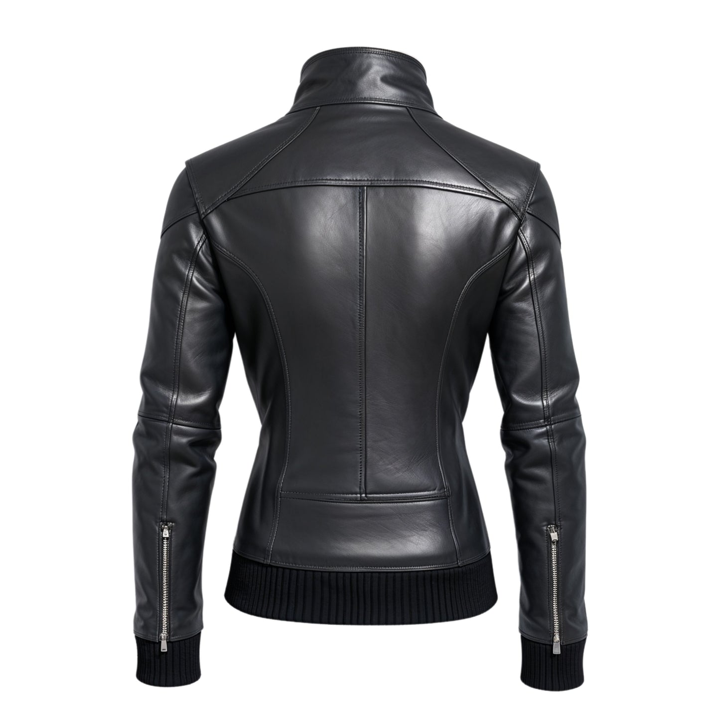Men's Black Real Leather Bomber Jacket Stand Collar Ribbed Cuffs Modern Slim Fit