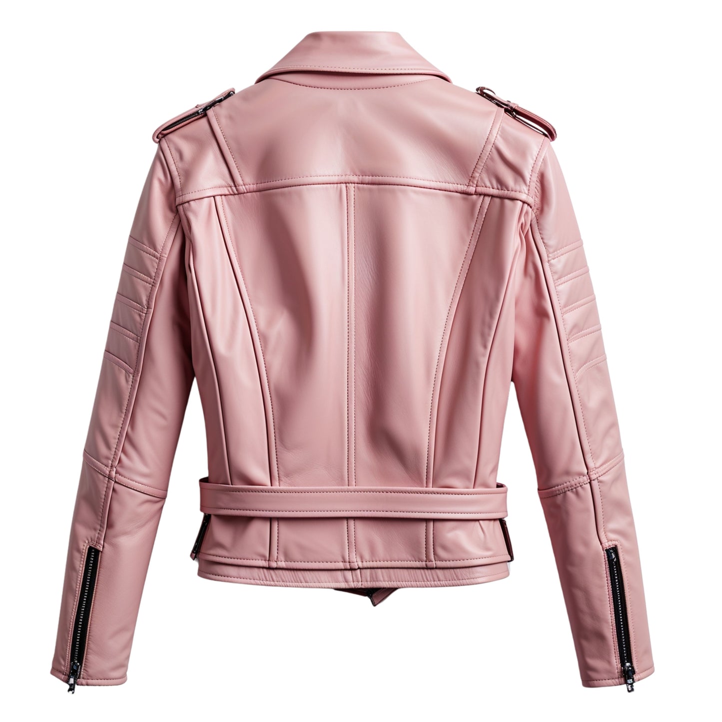 Blush Pink Leather Cropped Biker Jacket with Belted Waist and Quilted Details