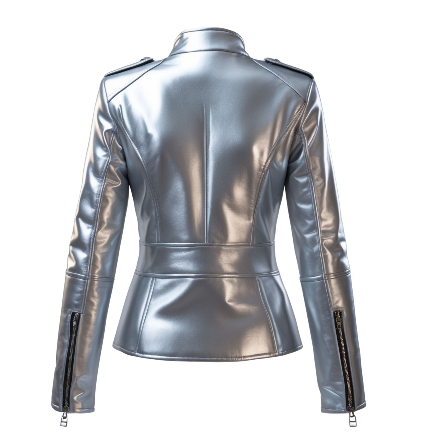 Womens Silver Metallic Leather Moto Jacket – Stand Collar Zip Front Coat