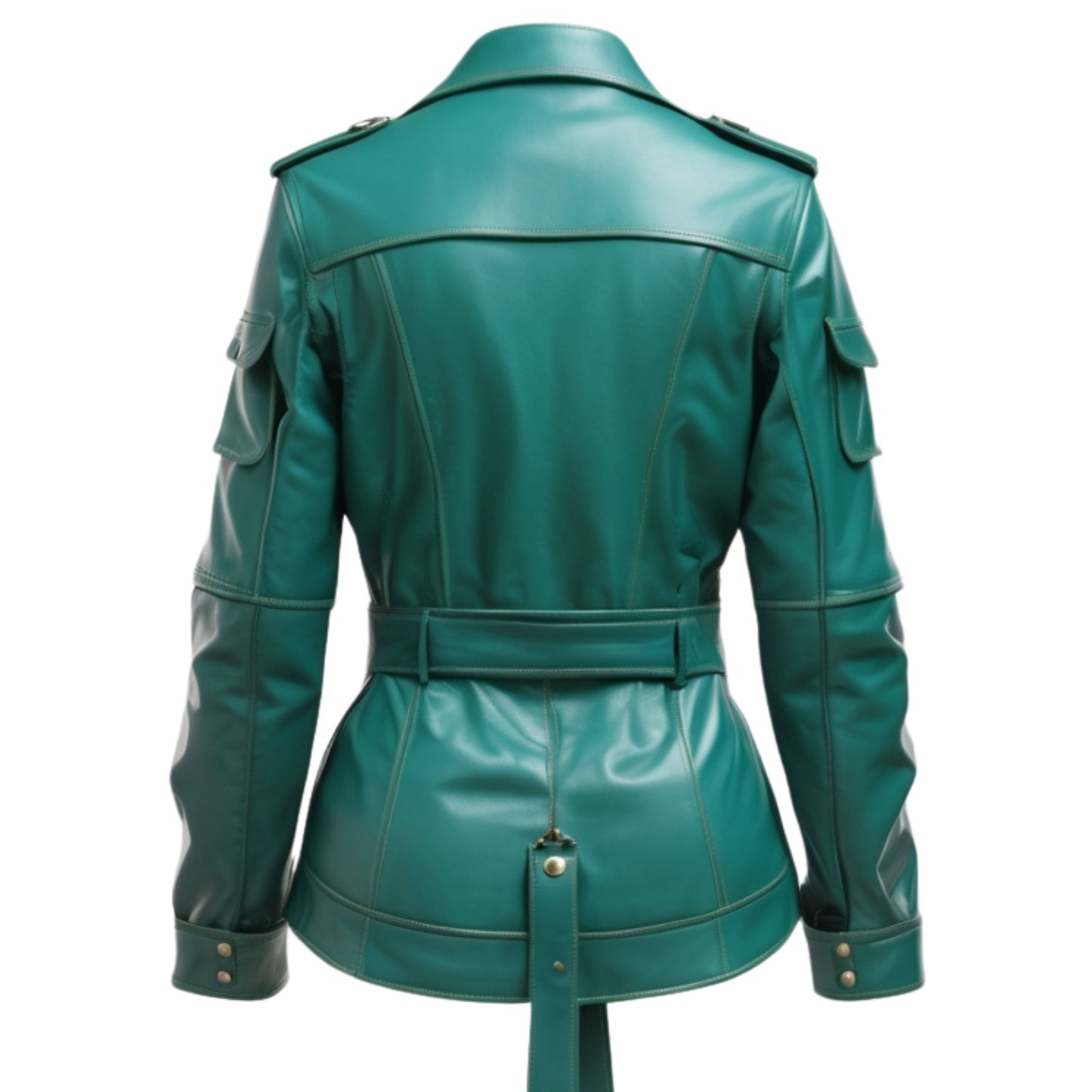 Teal Leather Utility Jacket with Belted Waist and Cargo Pockets
