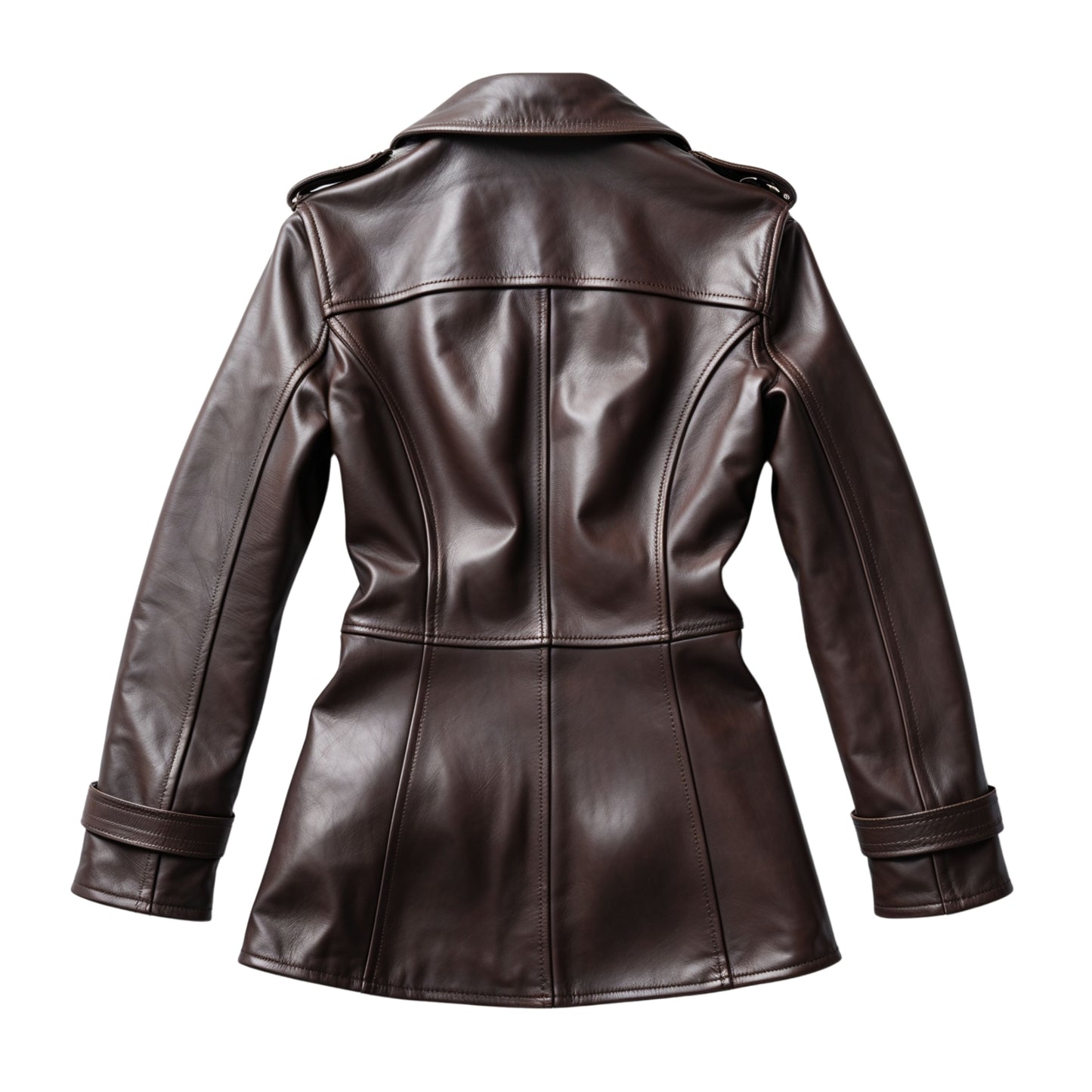 Women's Dark Brown Leather Double Breasted Military Peacoat Jacket Gold Buttons