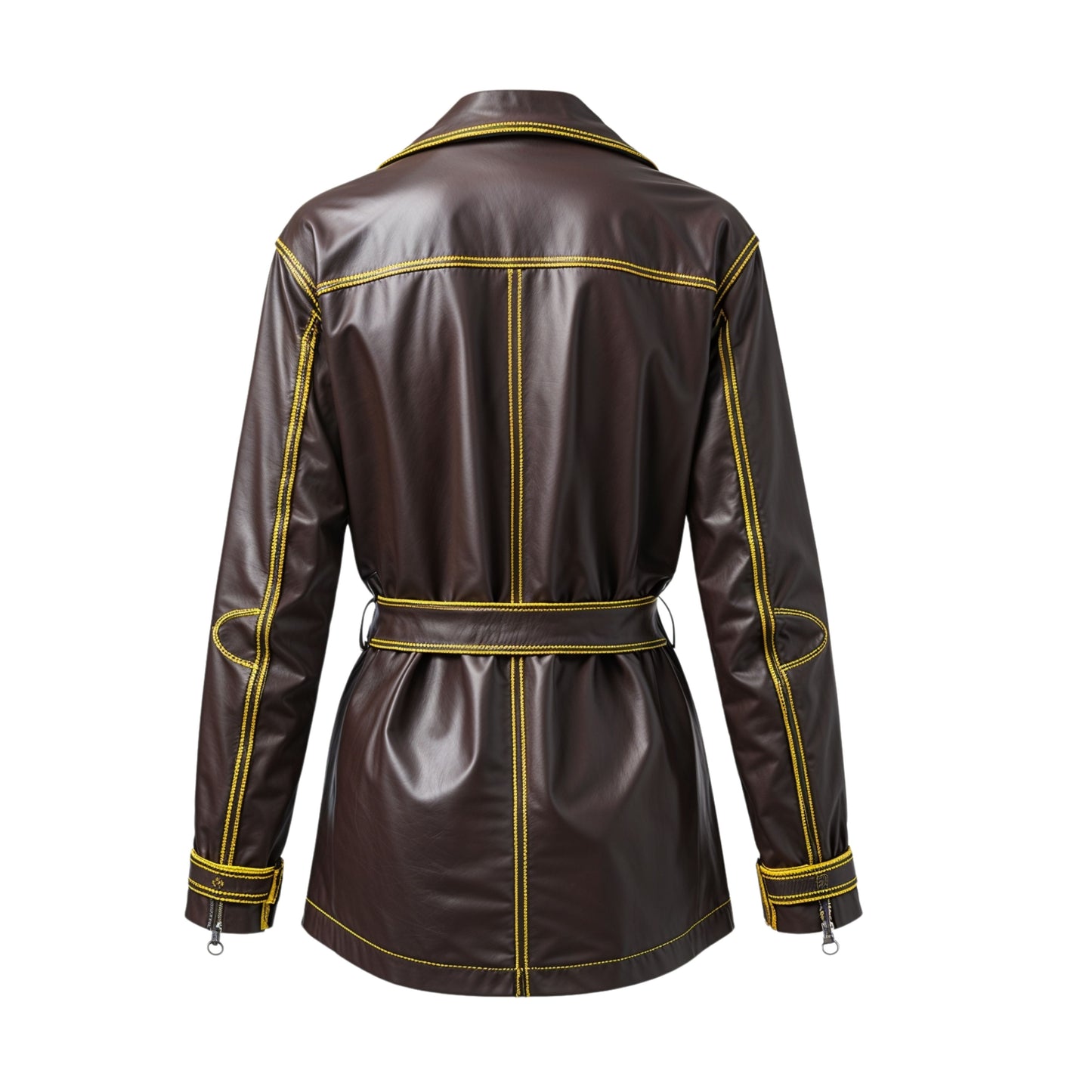Dark Brown Leather Wrap Trench Jacket with Yellow Stitch Detail, Belted Coat