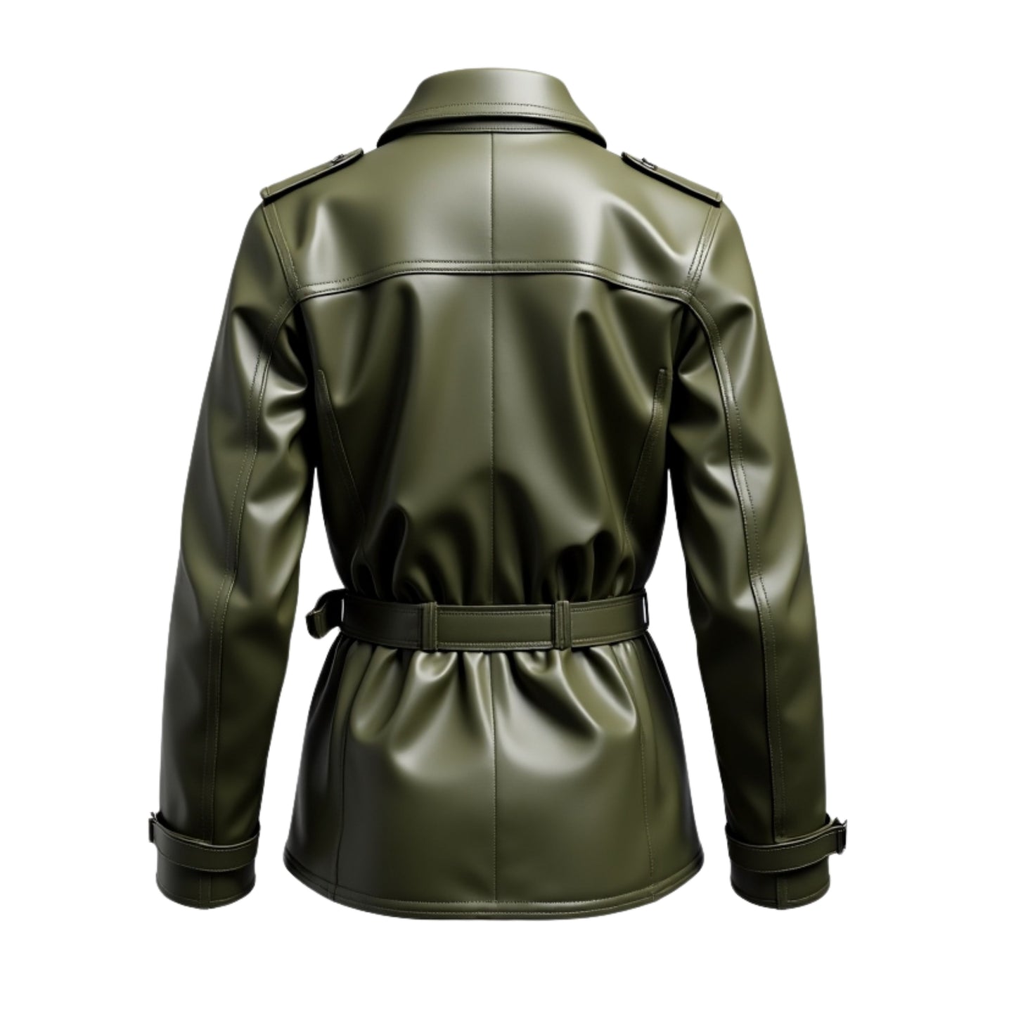 Olive Green Real Leather Utility Jacket: Military Style, Belted Waist, Cargo Pockets