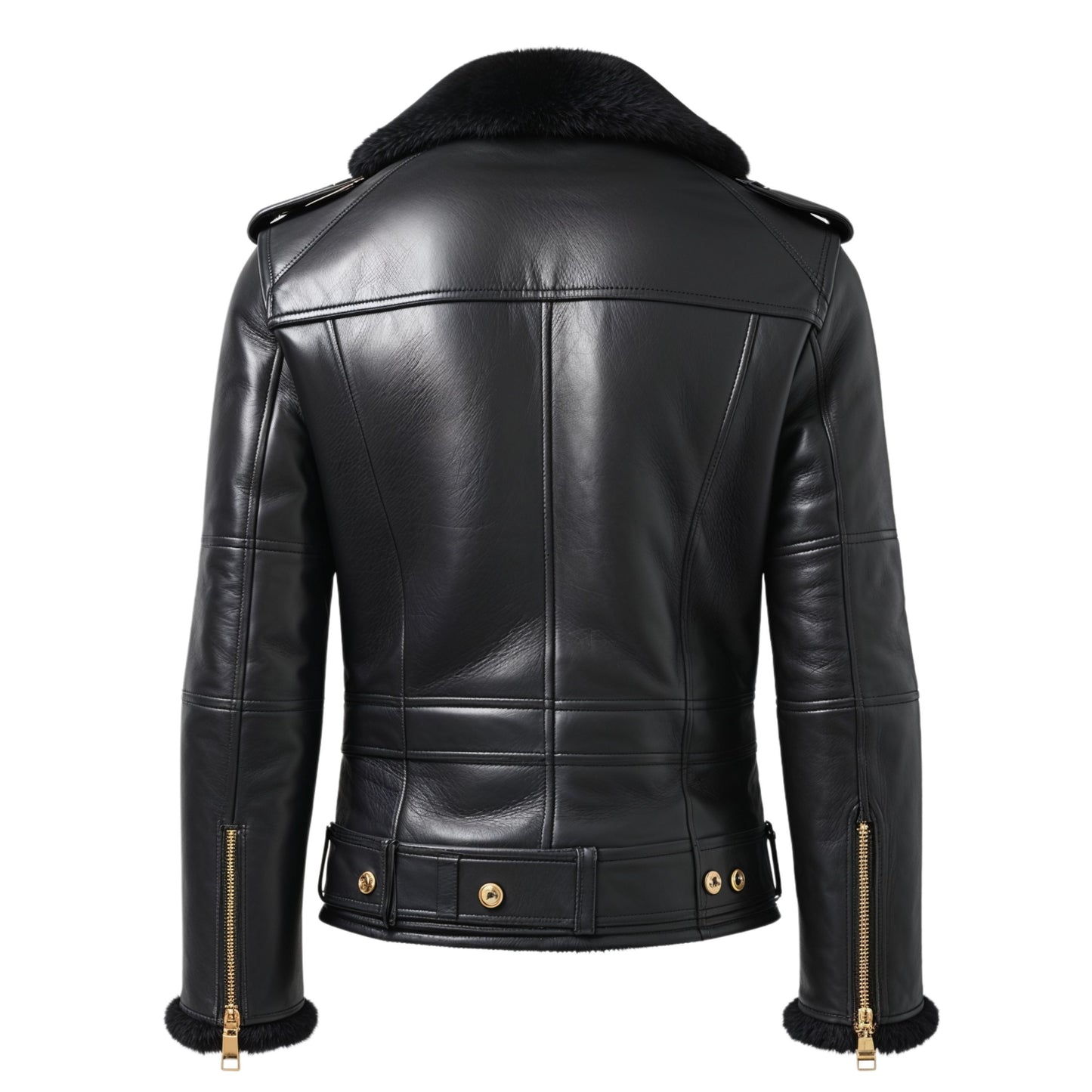 Men's Black Double Breasted Leather Jacket with Gold Buttons, Shearling Collar Biker Style