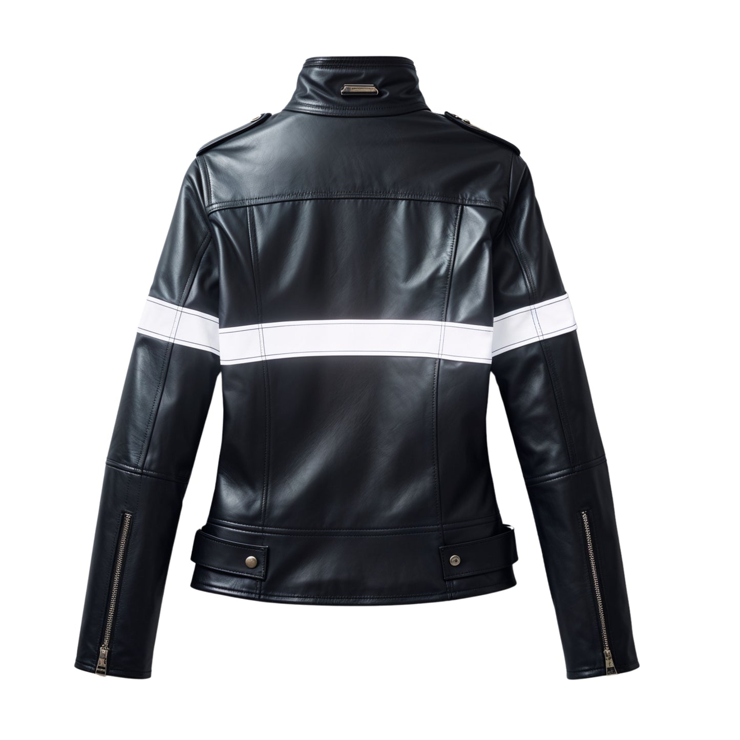 Womens Black Leather Racer Jacket with White Stripe Moto Style Coat