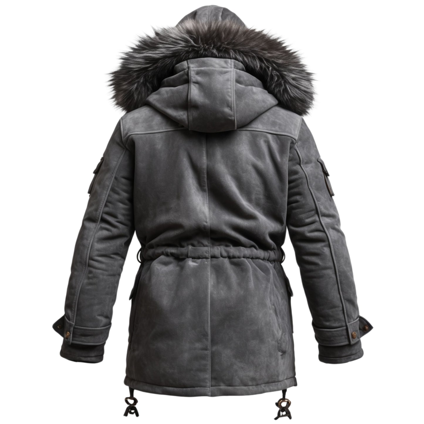 Men's Leather Parka with Faux Fur Hood, Adjustable Drawstrings, Winter Coat