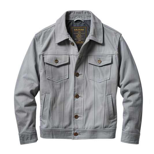 Light Gray Suede Leather Trucker Jacket: Button Front, Chest Pockets, Classic Fit