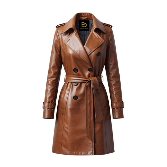 Women's Real Leather Trench Coat: Cognac Brown, Double Breasted, Belted Long Jacket